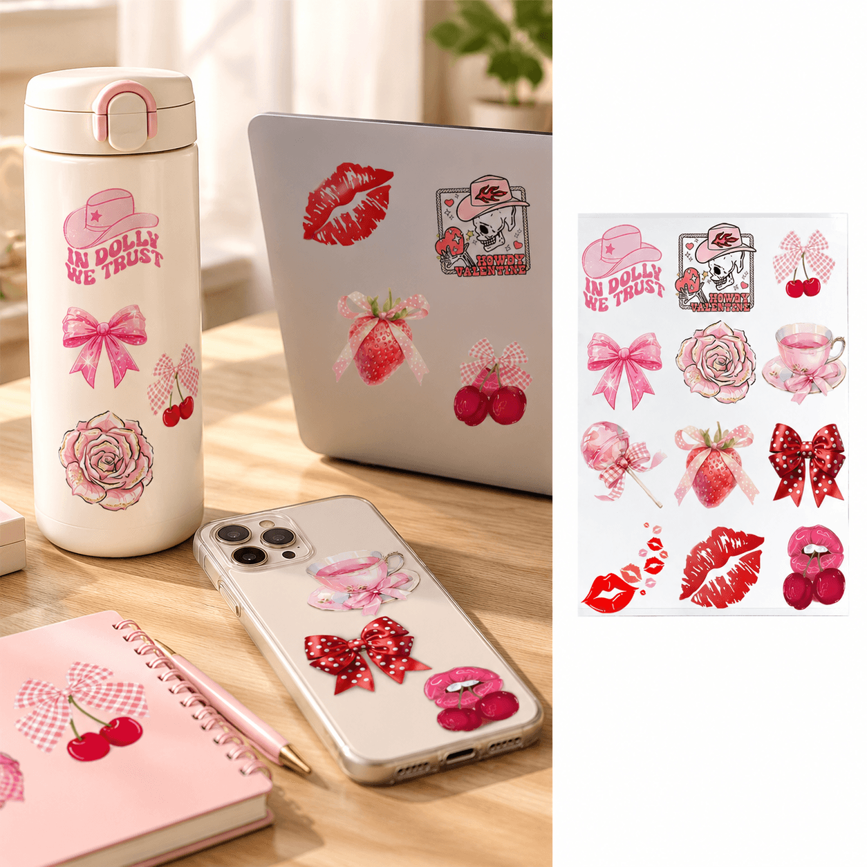 Maiden Style Pink Bow Entire Sheet Sticker A4 Large Sheet with 12 5.3cm Pattern Waterproof Vinyl Valentine Decorative Sticker for Water Cup Computer Car Luggage